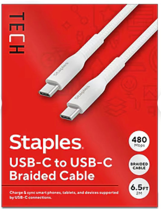 Cable de carga Staples TECH USB-C a USB-C, 6,5 pies, blanco