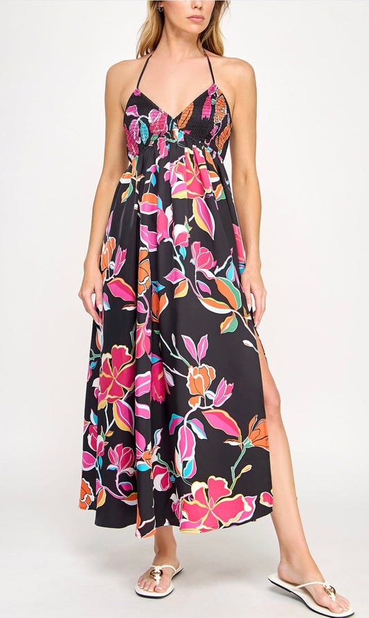 Vestido Invitee largo estampado con corpiño smock y abertura frontal