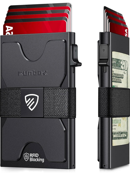 Cartera delgada para tarjetas RUNBOX para hombres, billetera minimalista con bloqueo de RFID con función emergente, diseño ultrafino, estuches metálicos para tarjetas de visita con capacidad para 6 + 6 tarjetas