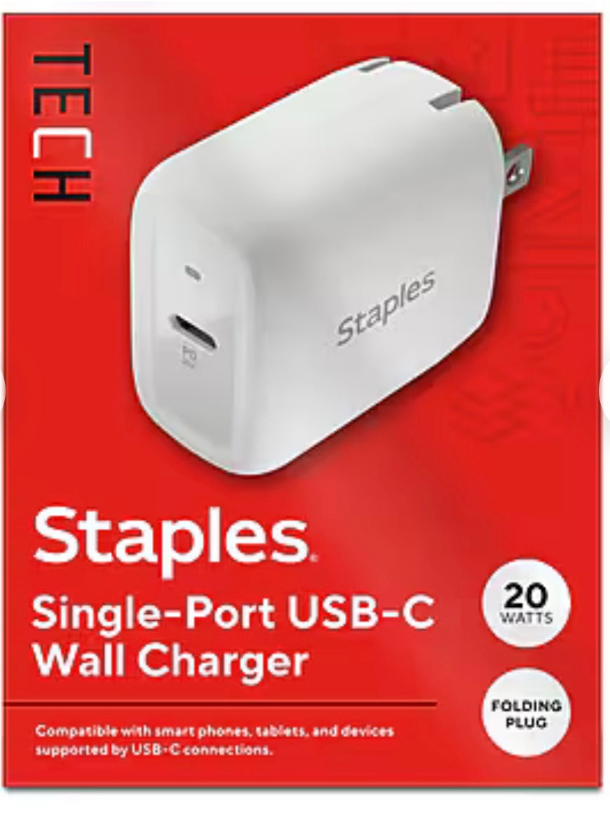 Cargador de pared Staples TECH USB-C, 20 W, blanco
