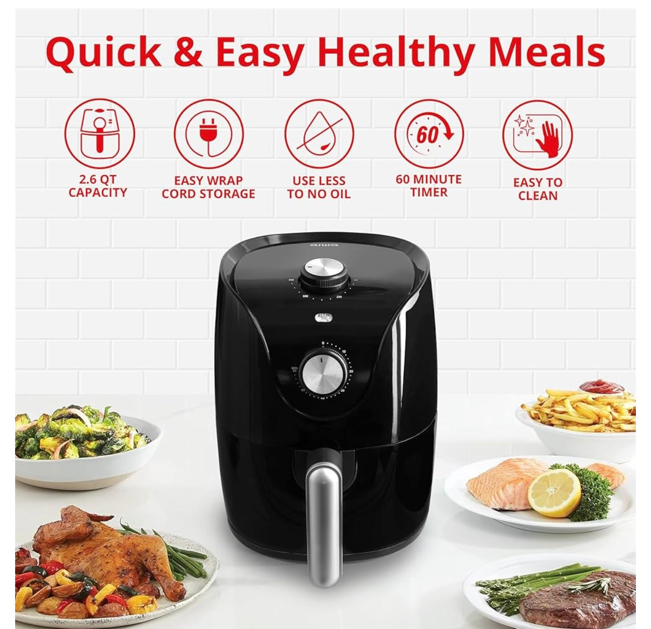 Freidora de aire Aiwa, freidora de aire compacta de 2,6 Qt, potente freidora de aire eléctrica de 1200 W con calentamiento rápido de 400 °F, cocción por convección de 360°, temporizador de 60 minutos y diseño de fácil limpieza para comidas crujientes sin
