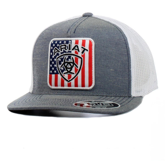 Gorra ARIAT con parche Snapback de malla con logo de la bandera de EE. UU. para hombre