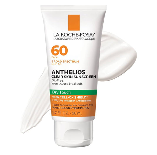 La Roche-Posay Anthelios Clear Skin Sunscreen Dry Touch SPF 60, Oil Free Sunscreen For Face, Oil Absorbing, Broad Spectrum SPF + Antioxidants, Non-Greasy, Oxybenzone Free, Travel Size, 1.7 Fl. Oz.