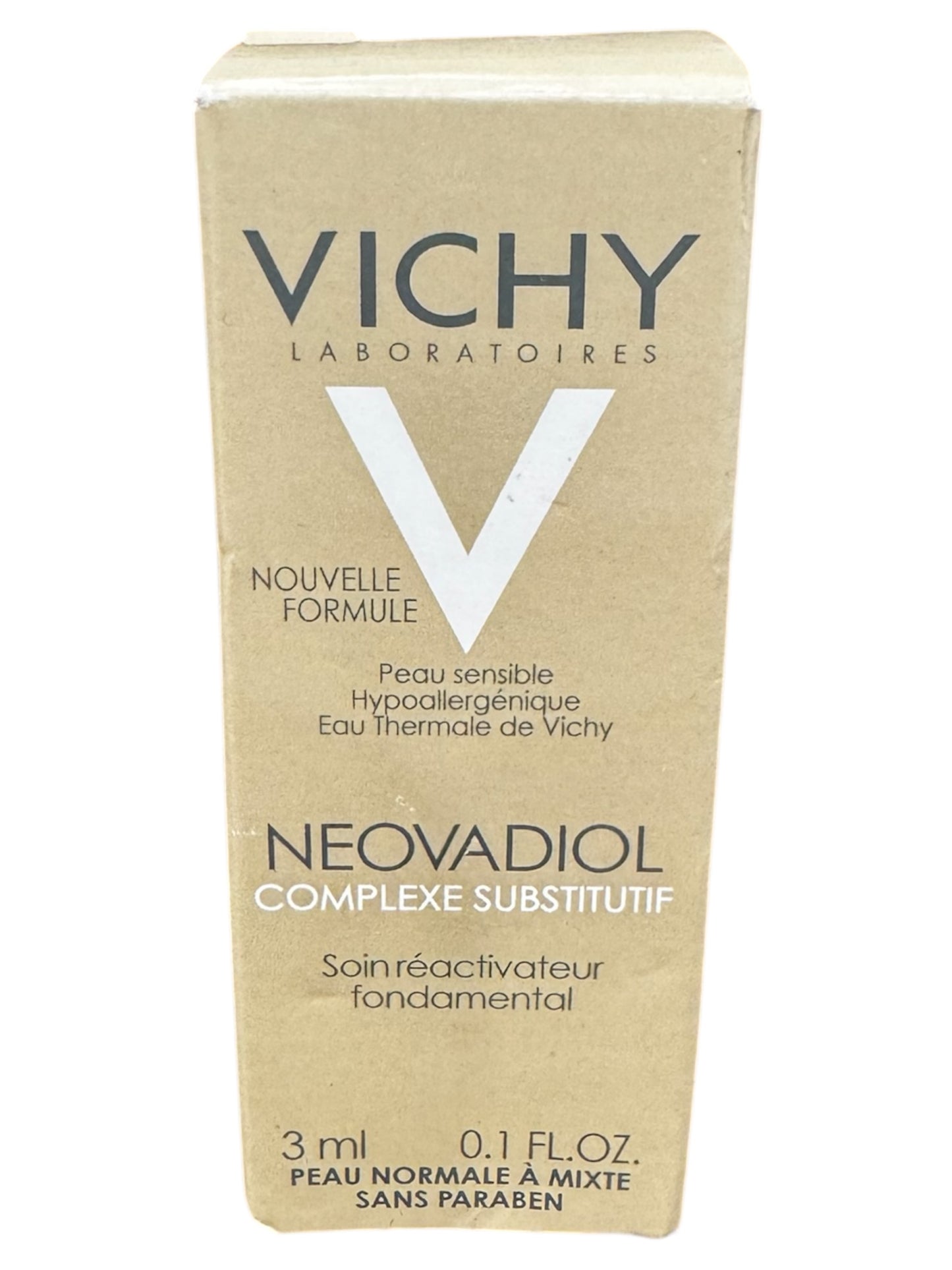 VICHY  LABORATORIOS  Fórmula  Piel sensible  Probado para alergias  Agua de spa termal de Vichy  NEOVADIOL  COMPLEJO DE RESTAURACIÓN  Cuidado fundamental de la escultura